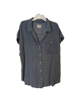 Womens XL Shirt Blue Button Up Cuffed Cap Sleeves Pocket Rayon Flowy Soft ID:23